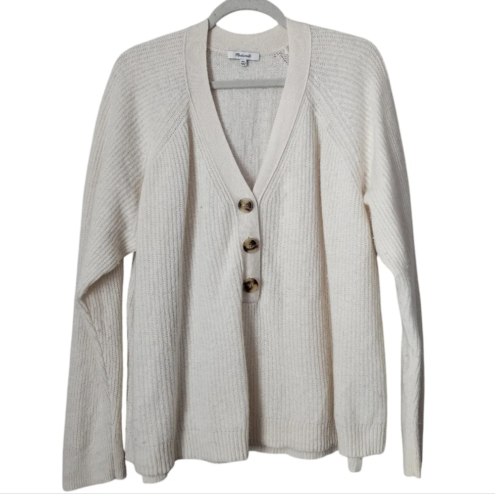 MADEWELL Lyle Rib Henley Sweater merino wool knit in cream size XXL